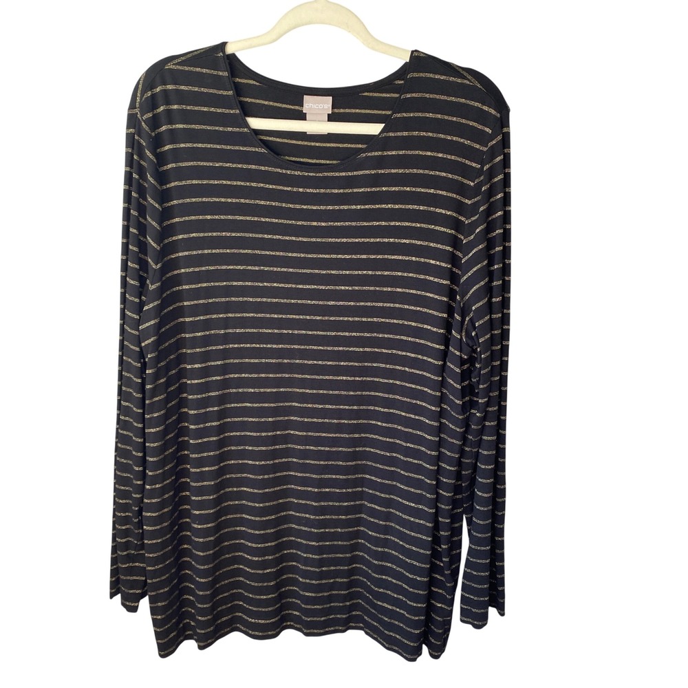 Chicos Size 4 (XXL) Black‎ Gold Metallic Striped Long Sleeve Scoop Neck Top